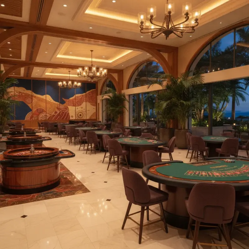 Main casino gaming hall with table games and warm lighting