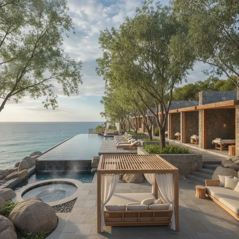 Resort spa and infinity pool overlooking the coast