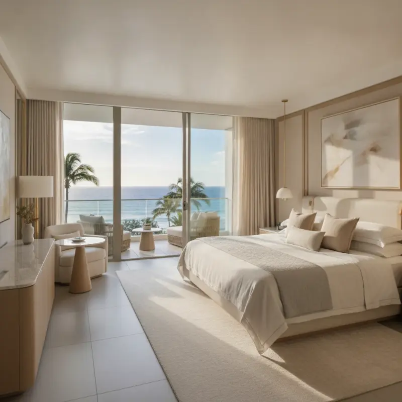 Luxury ocean-view suite at Bangkelian with floor-to-ceiling windows and private balcony